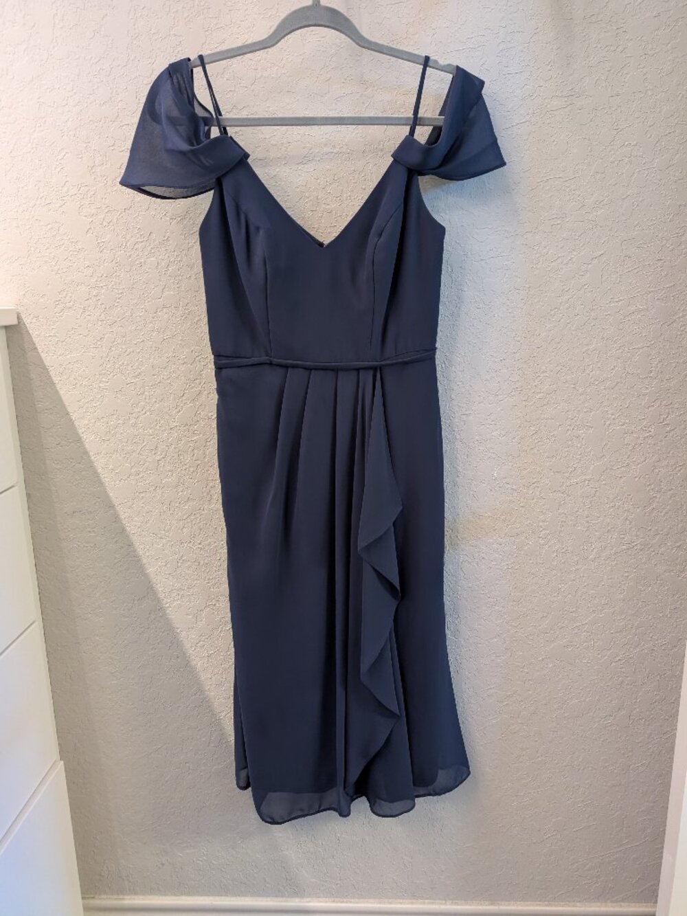 Navy Blue Bridesmaid dress with fall off shoulders above knee Sz2